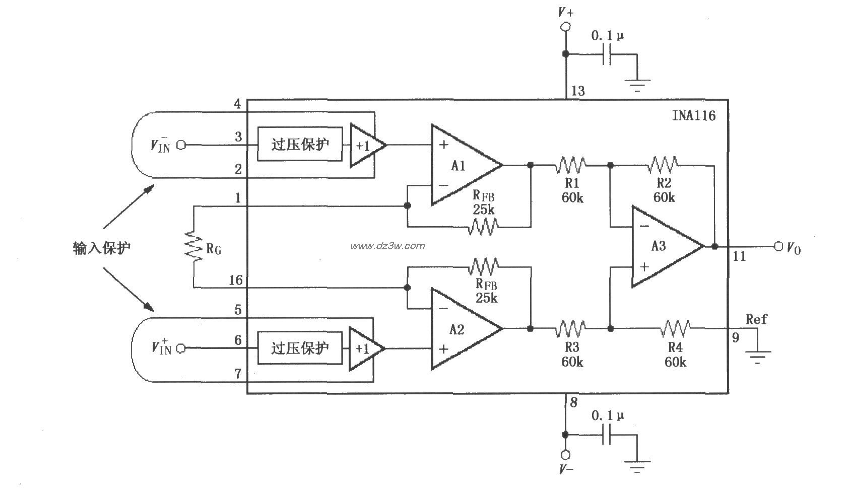 INA116基本连接电路电路图
