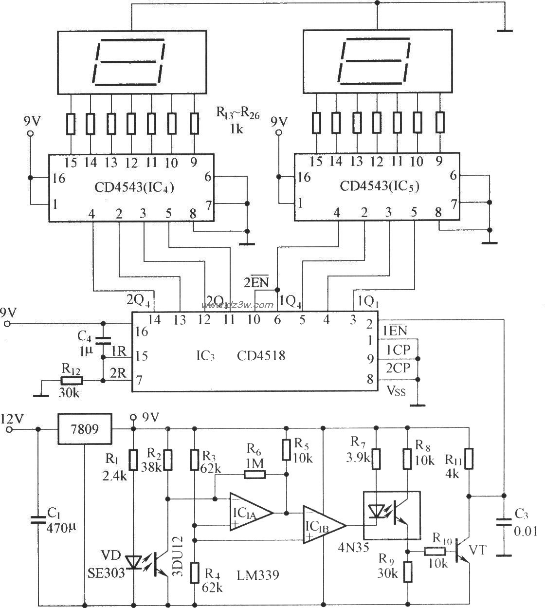 数字显示式光电计数器电路图