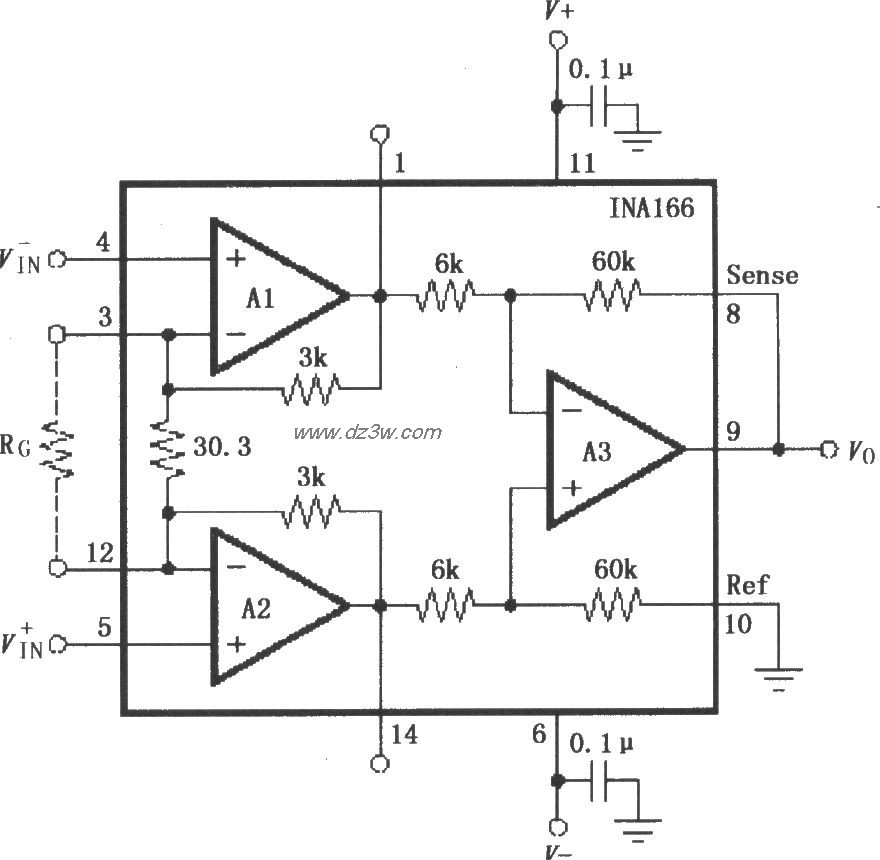 INA166的信号和电源的基电路图