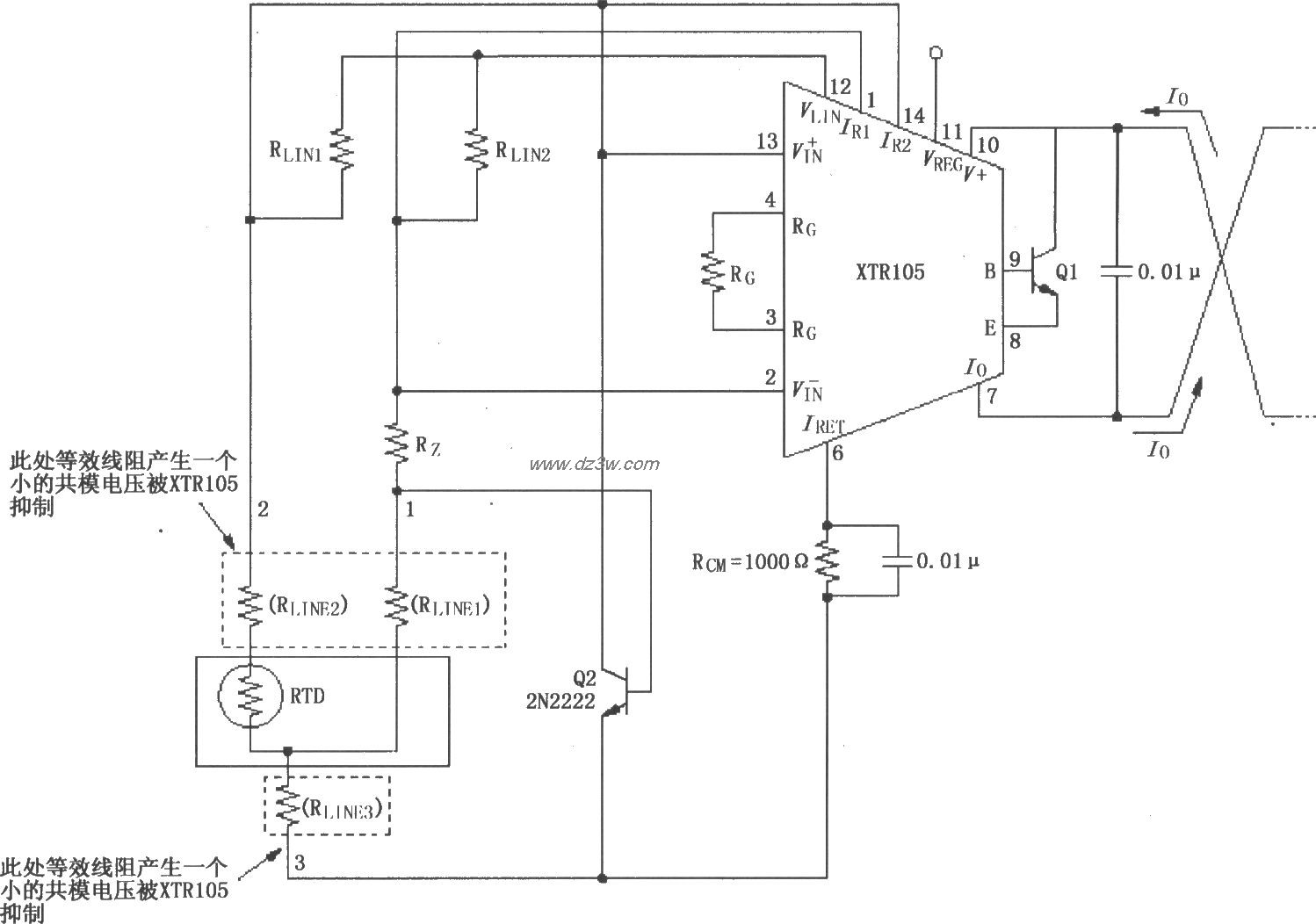 XTR105远程RTDs探测三线电路图