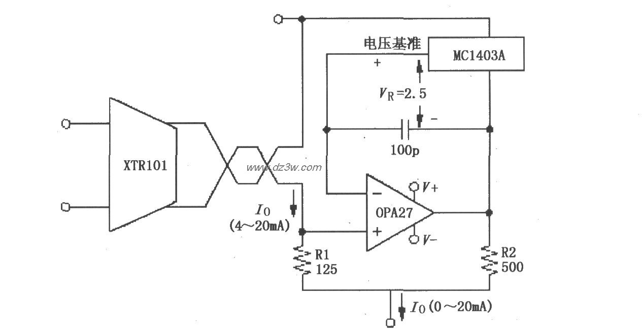 XTR101 0～20mA输出变换电路图