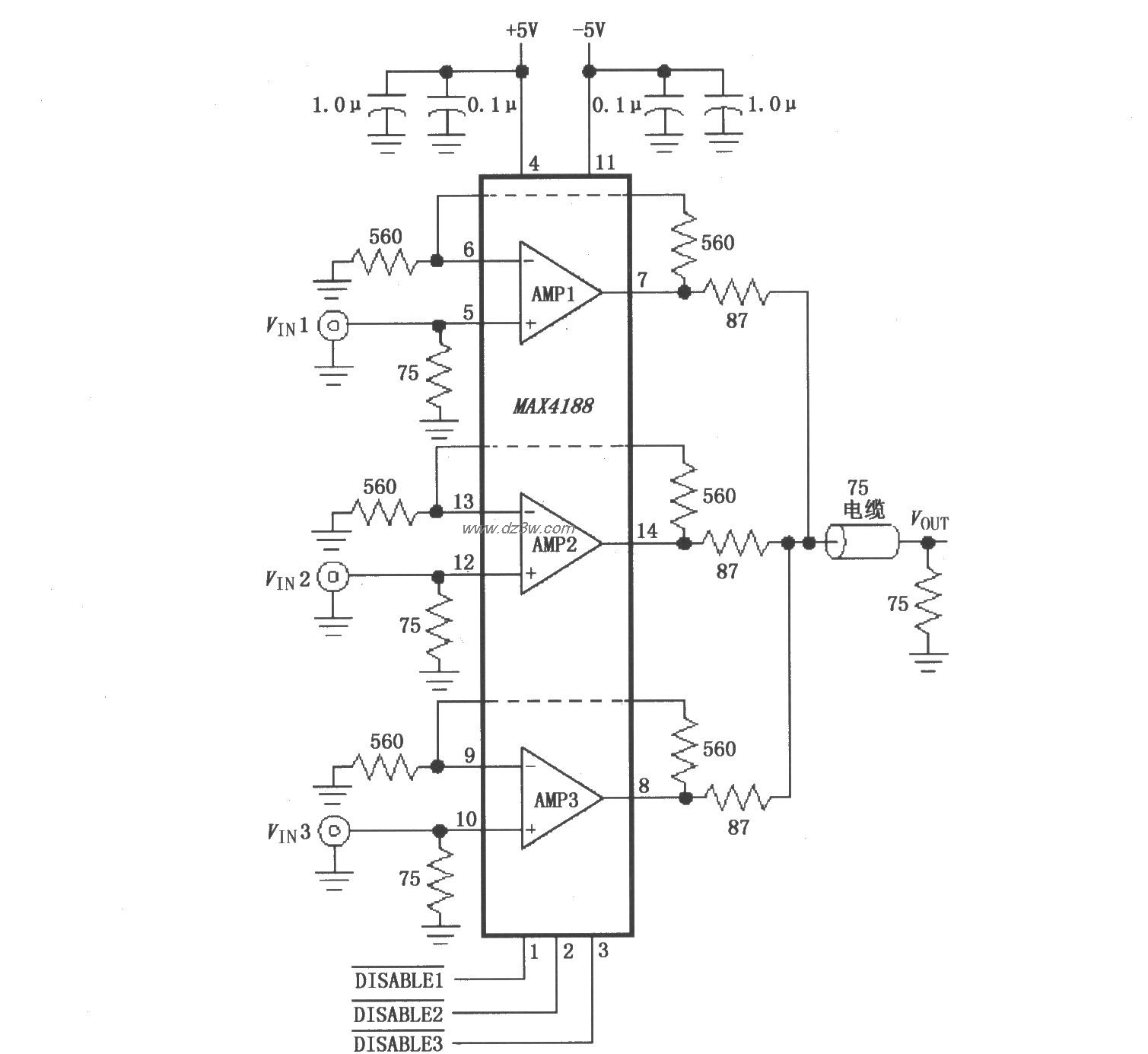 高速3:1视频多路分配器(电路图