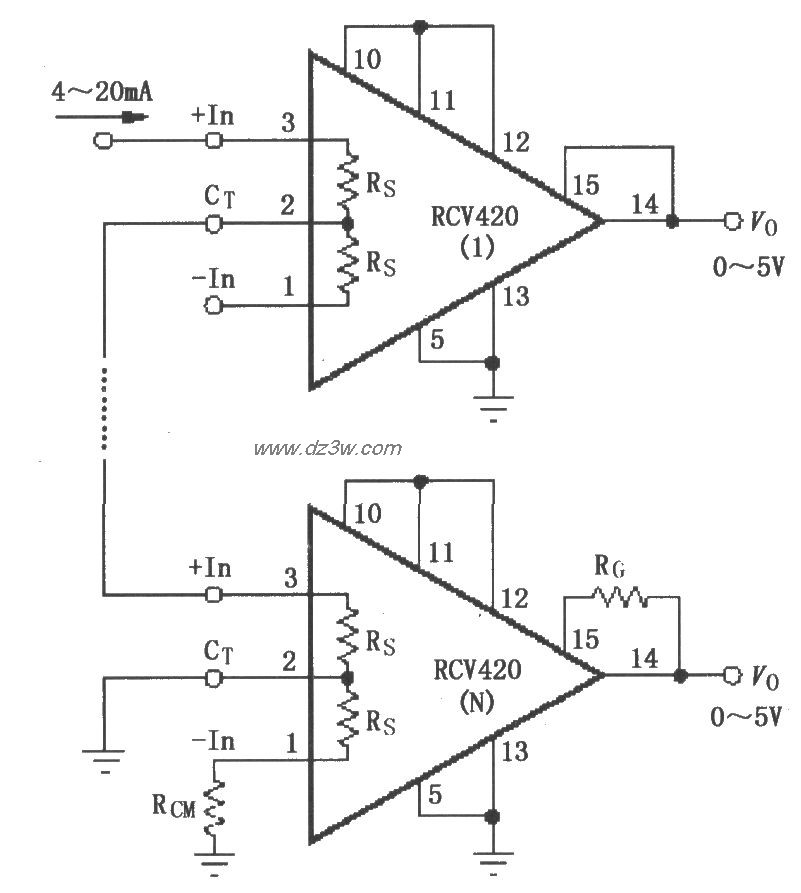 RCV420串联4～20mA接收器电路图