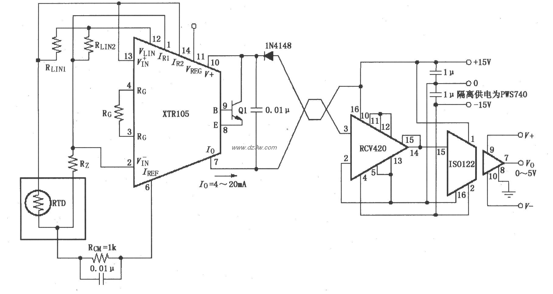 RCV420隔离式4～20mA仪表电路图