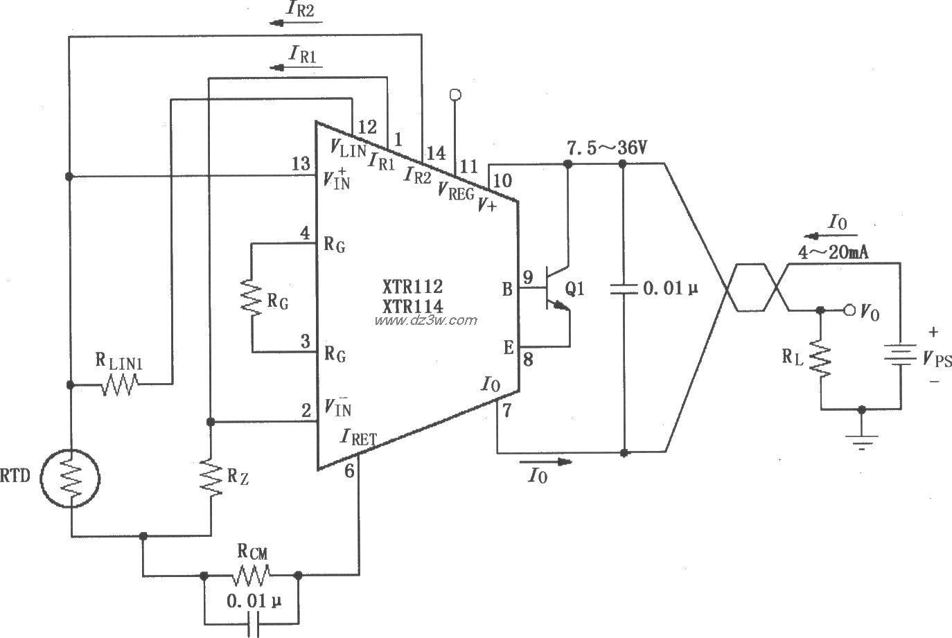 XTR112/114基本两线RTD温电路图