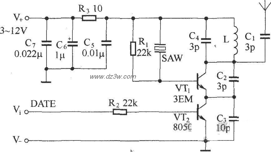 由SAW组成的超高频发射模电路图