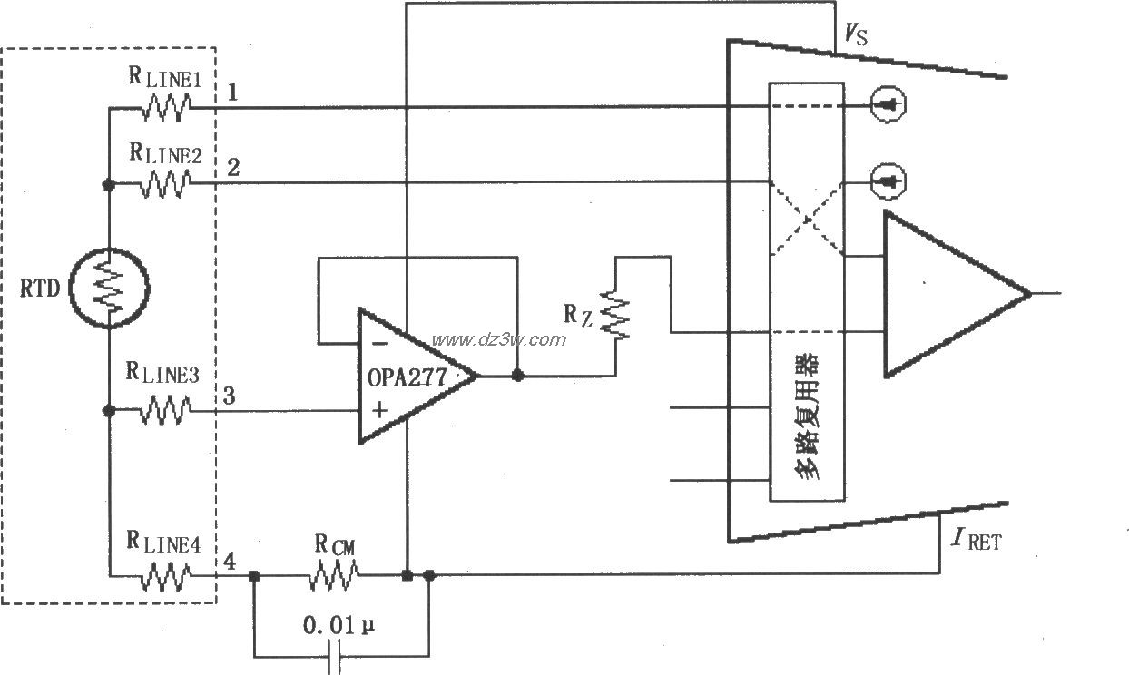 XTR108四线RTD连接电路电路图