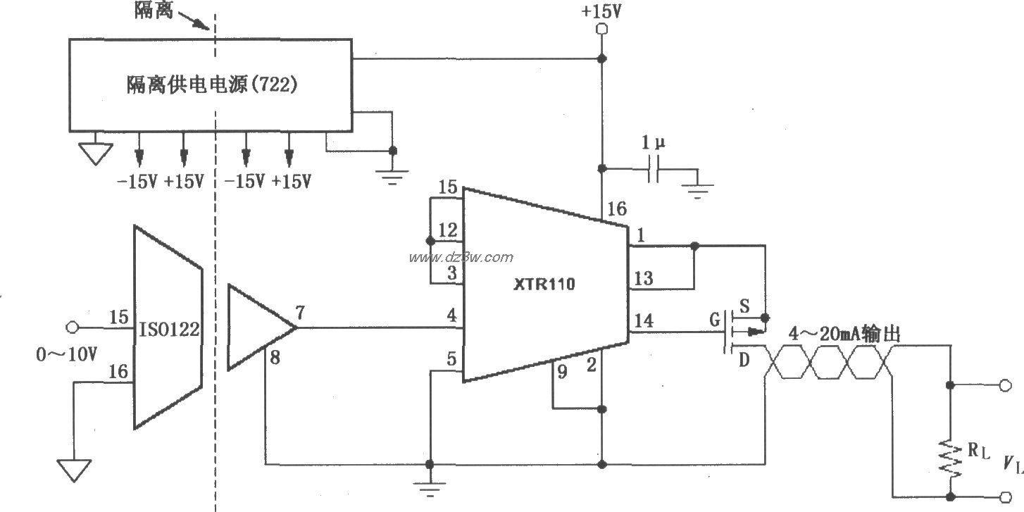 XTR110隔离式4～20mA变送电路图