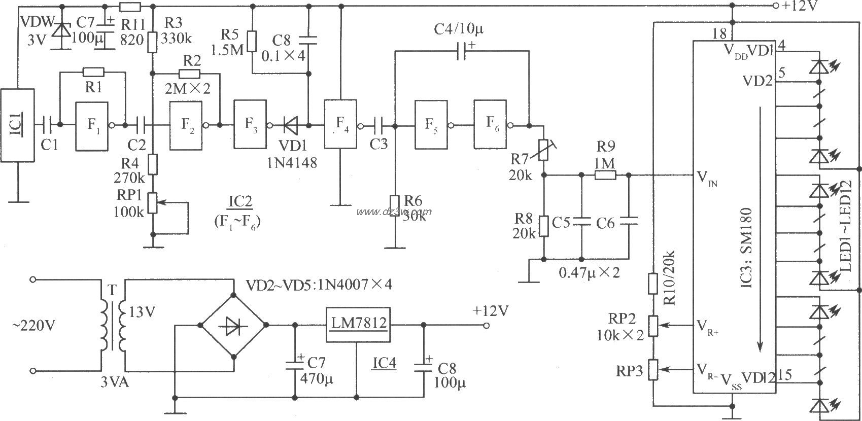 光柱式脉搏测试仪电路电路图