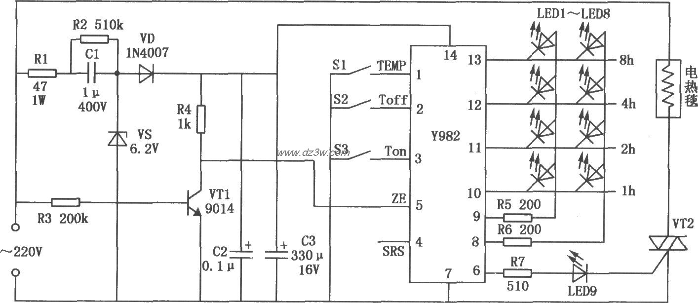 由Y982模块构成的电热毯电路图