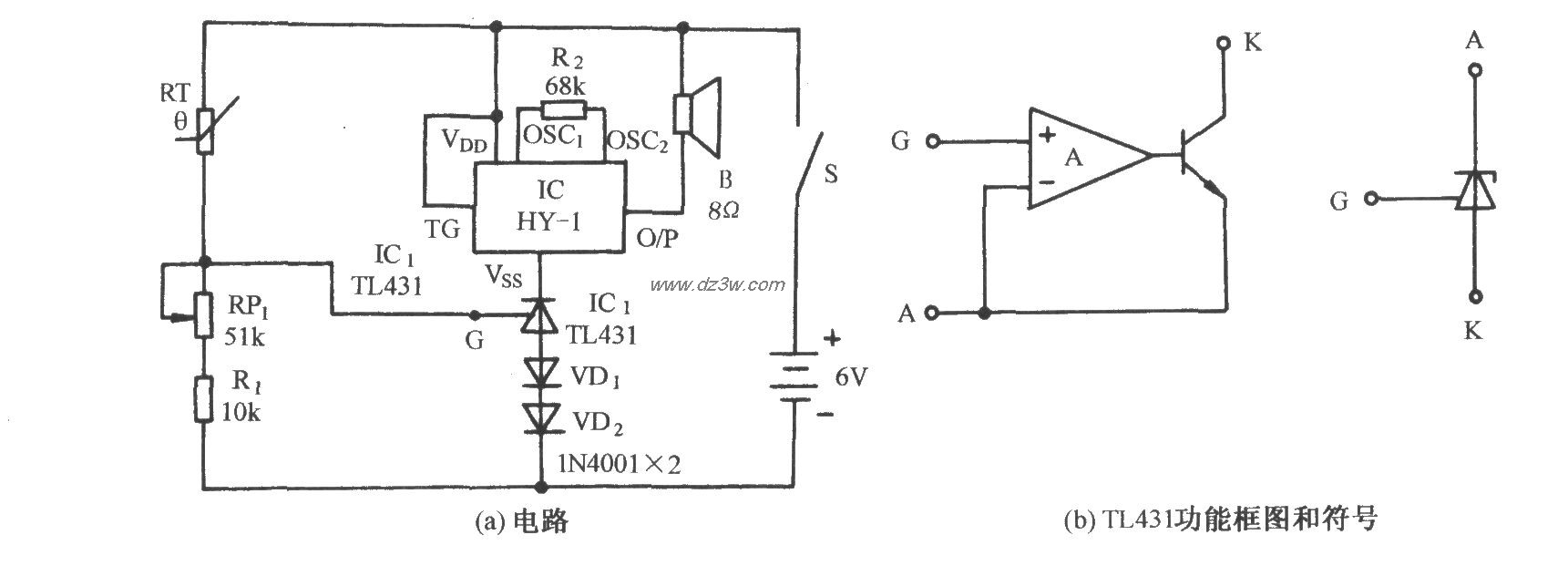 用TL431的上限温度乐曲告电路图