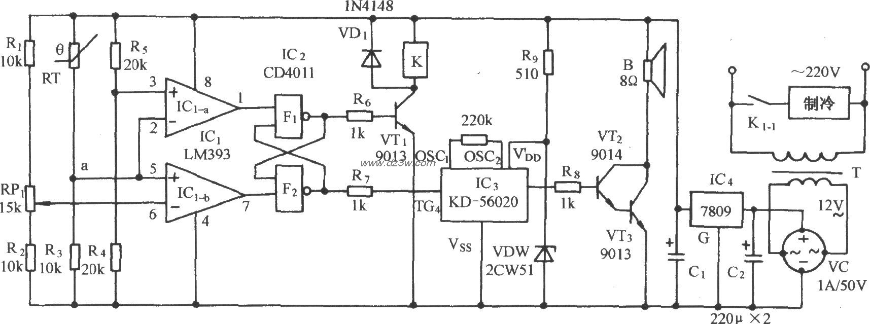 热敏电阻温控制冷鸟鸣发电路图