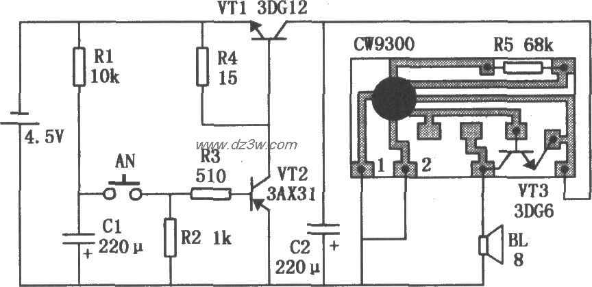 CW9300组成的定时门铃电电路图