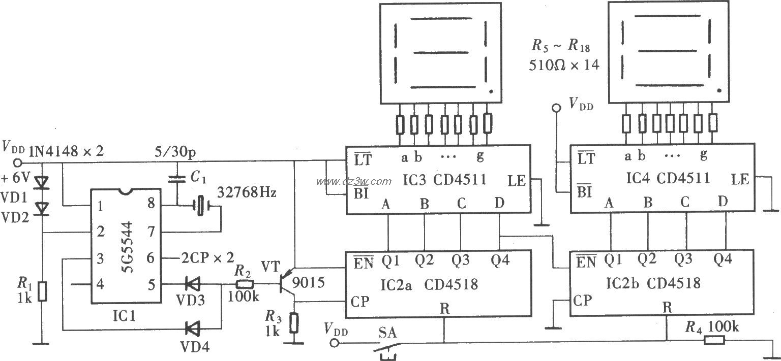 两位数显秒计时器(5G554电路图