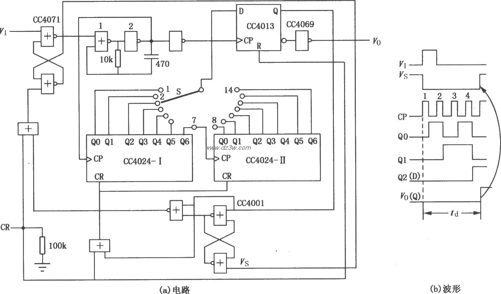 可选分频系数的延时电路电路图