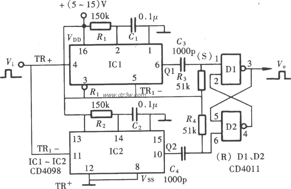 脉冲延迟电路(CD4011、C电路图