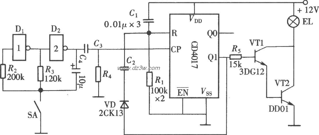 由CD4017组成的夜间安全电路图