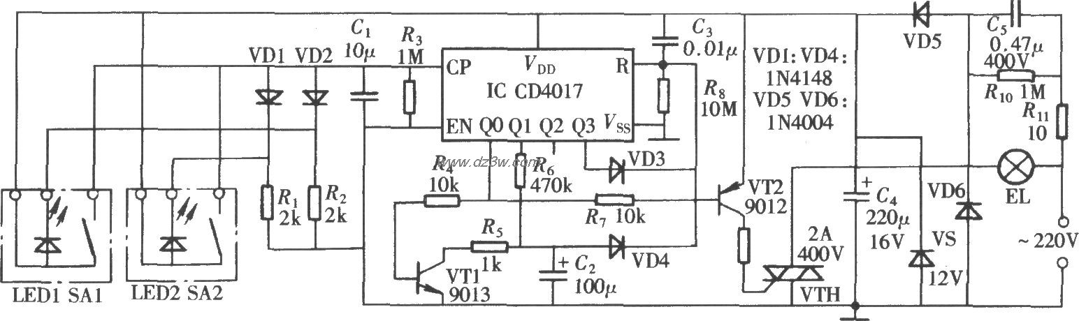 由CD4017构成的延时灯控电路图