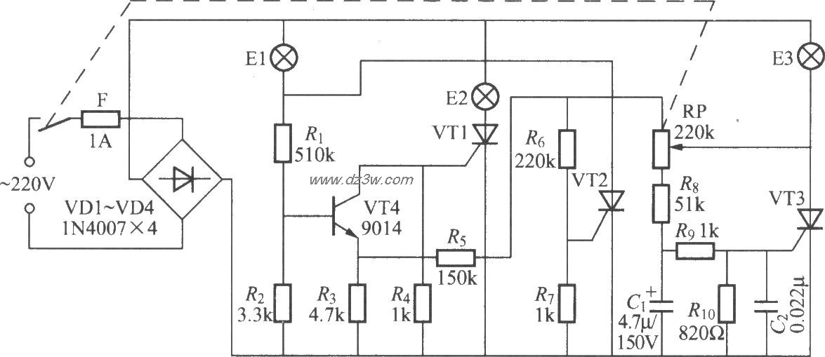 晶闸管三色调光灯电路电路图