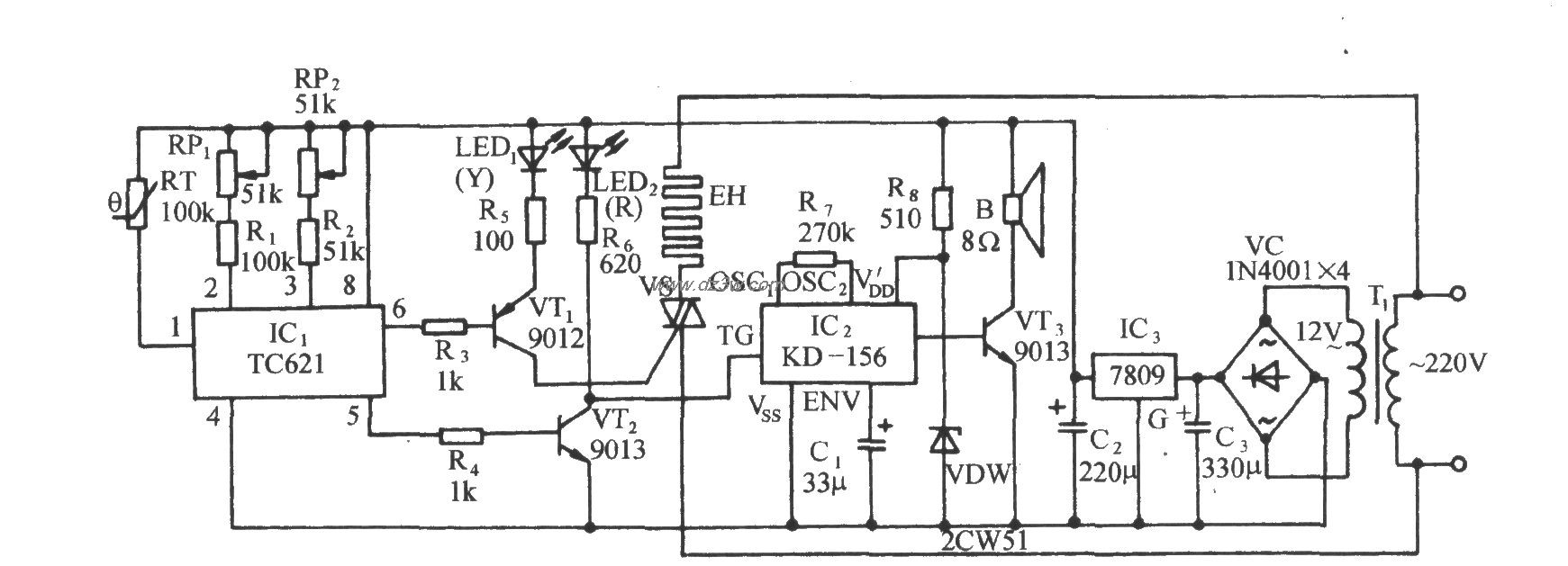 采用TC621的自动调温电暖电路图