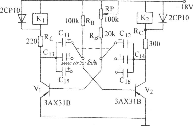 能带动两只继电器的无稳电路图