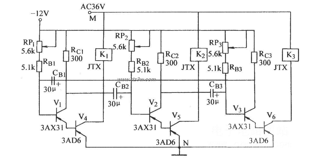 三管无稳态带动三只继电电路图