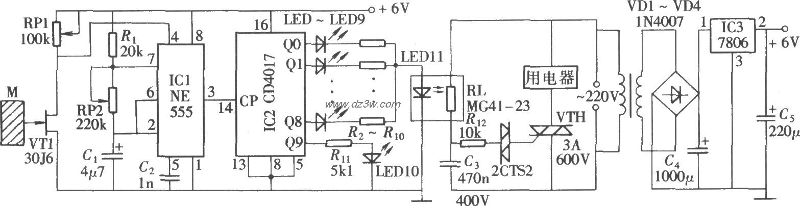 由NE555、CD4017组成的触电路图