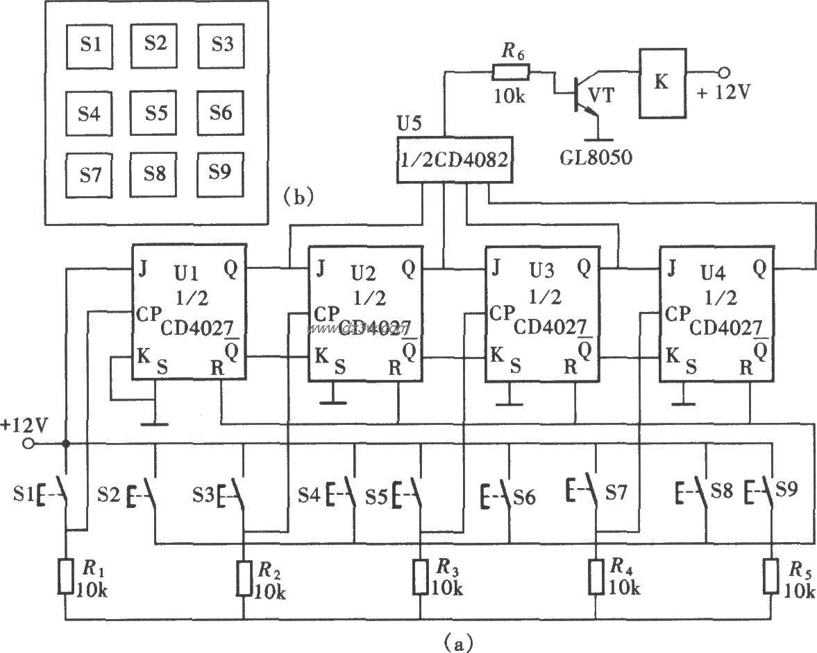 由CD4027组成的九位按键电路图