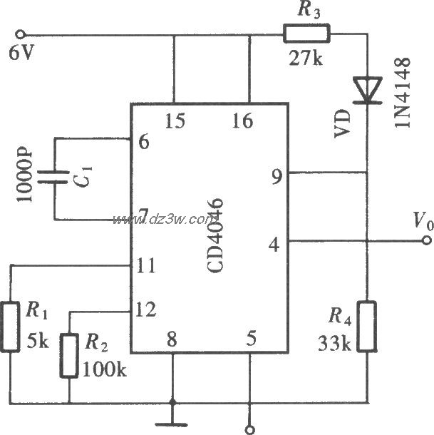 由CD4046组成的温度-频率电路图