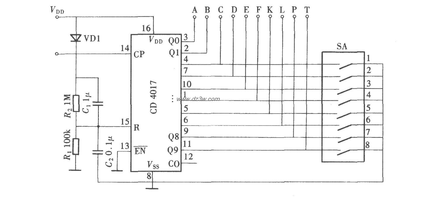 用CD4017和选择开关组成电路图