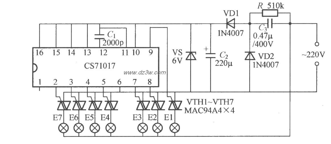 七路闪烁灯串电路(CS710电路图