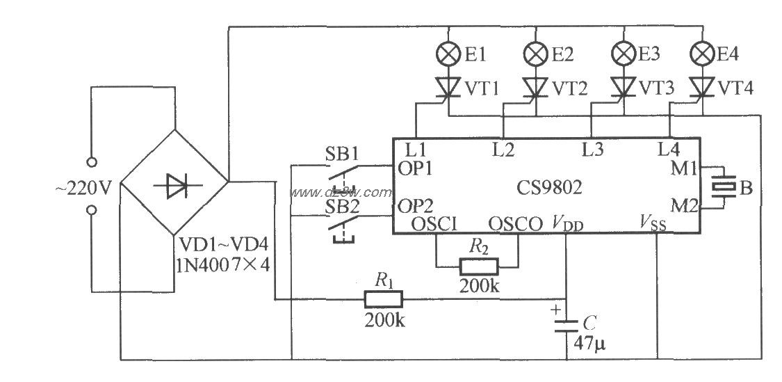 带音乐的四路闪烁灯串电电路图