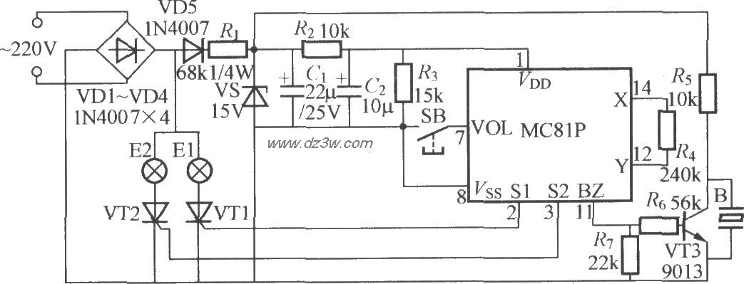 带音乐的双路闪烁灯串电电路图