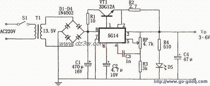 用构5G14成的3～6V可调电电路图