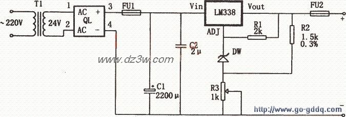 用LM338构成的高精度大电电路图