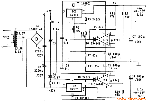 0-正负15V可调直流稳压电电路图