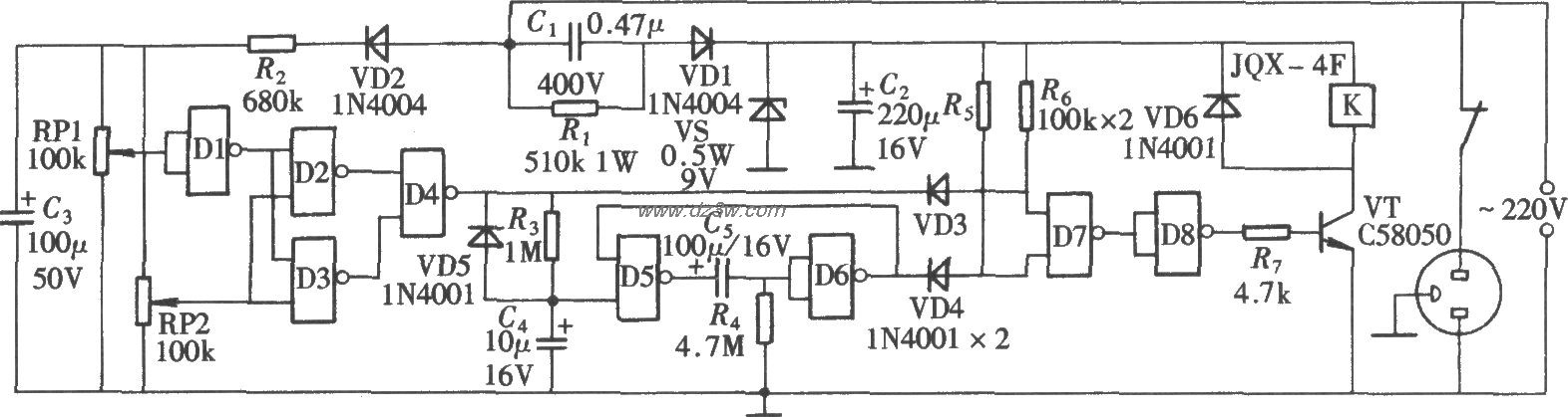 电源超欠压检测与延时保电路图