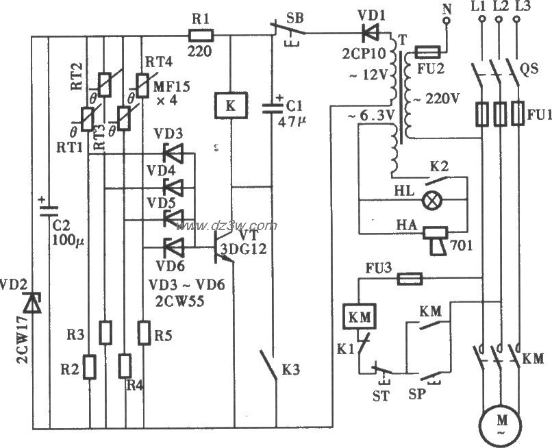 三相电动机过热断相保护电路图