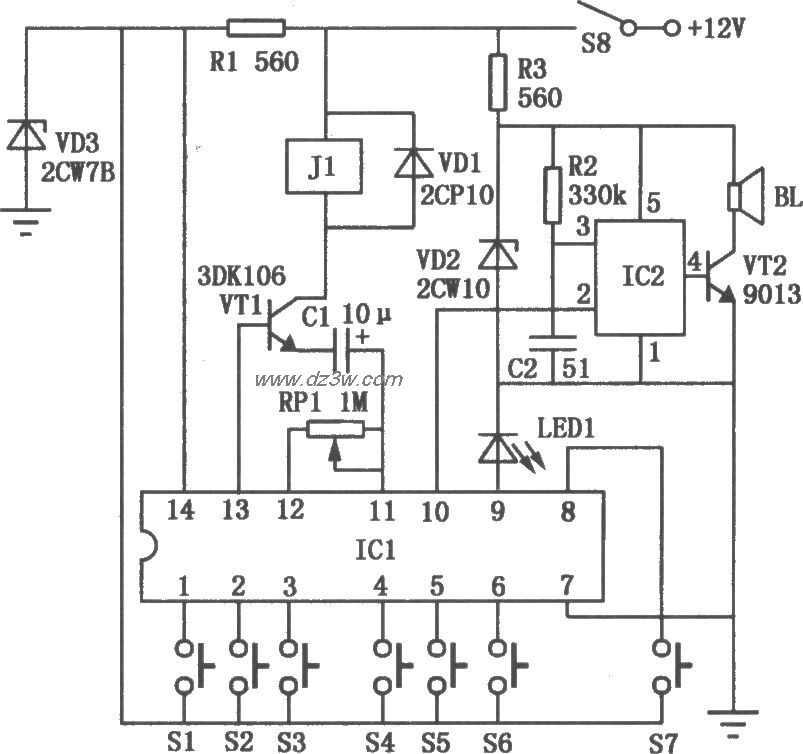 汽车电子密码锁电路原理电路图