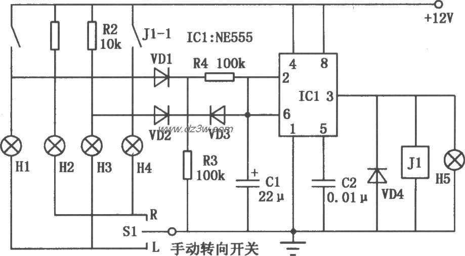 多功能汽车转向灯提示电电路图