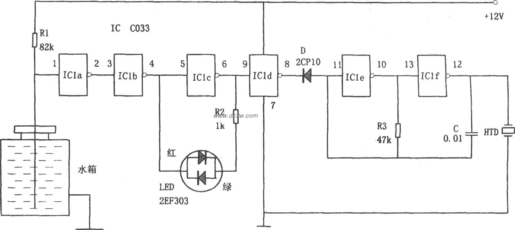 C033构成的汽车水箱水位电路图