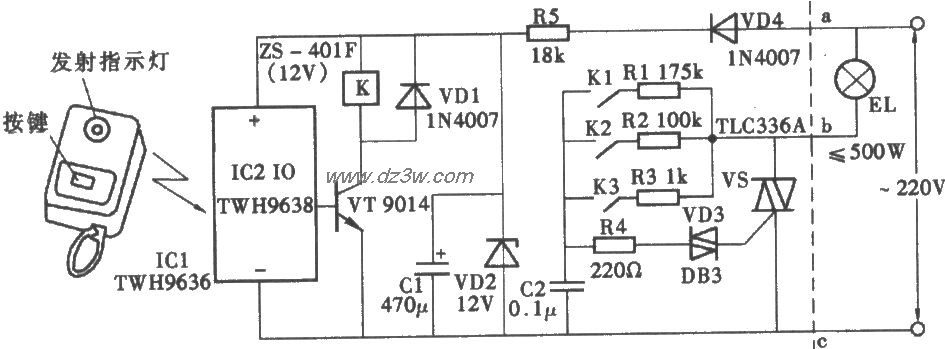 无线电遥控4挡调光灯电路电路图
