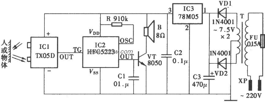 采用TX05D的红外线控制门电路图