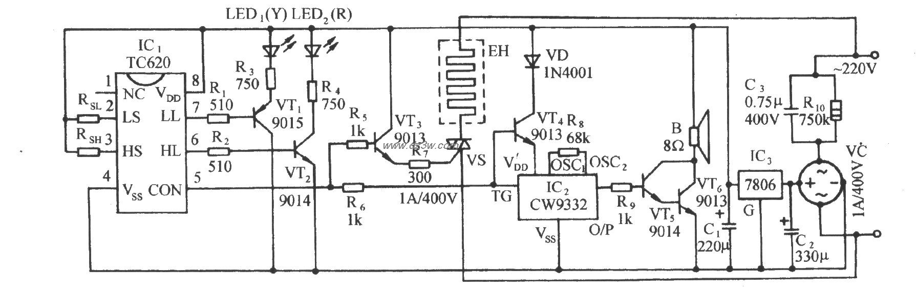 TC620温度传感自动加热恒电路图