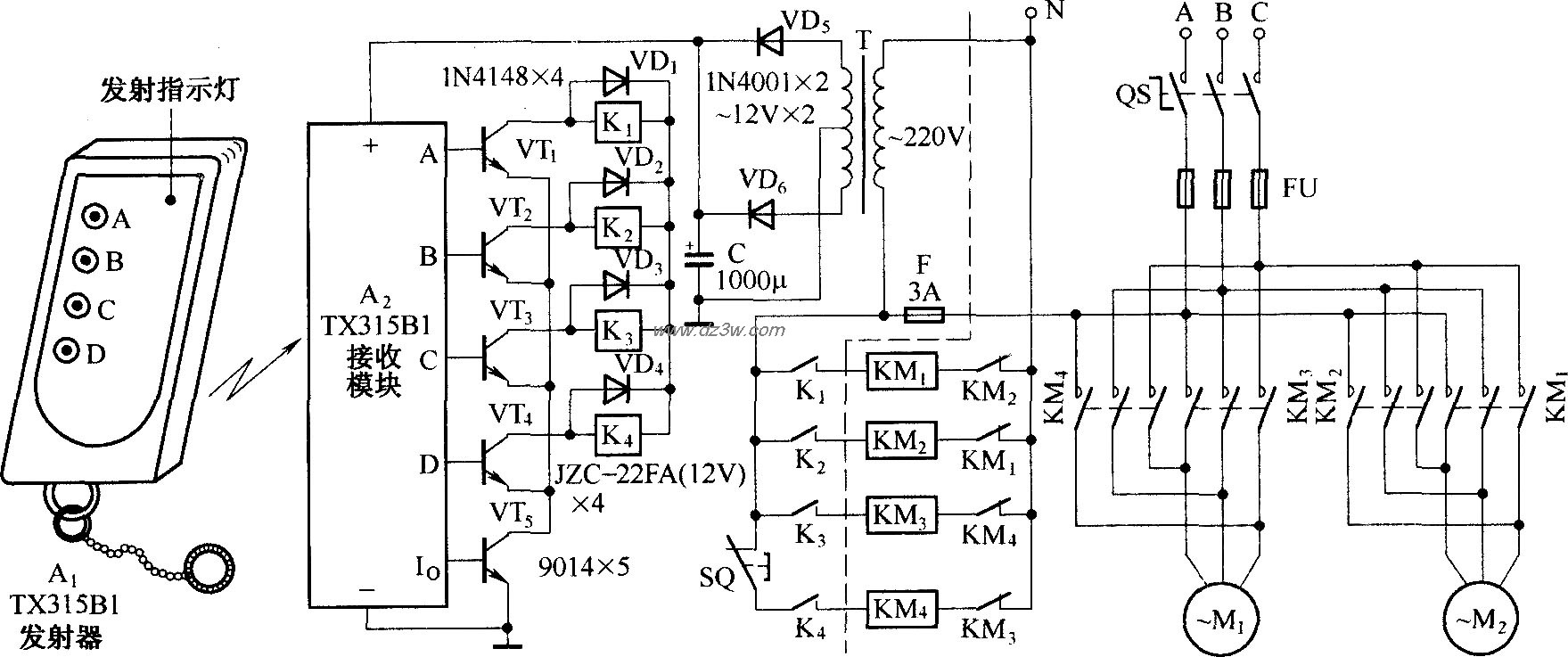 电动单梁吊车无线电遥控电路图