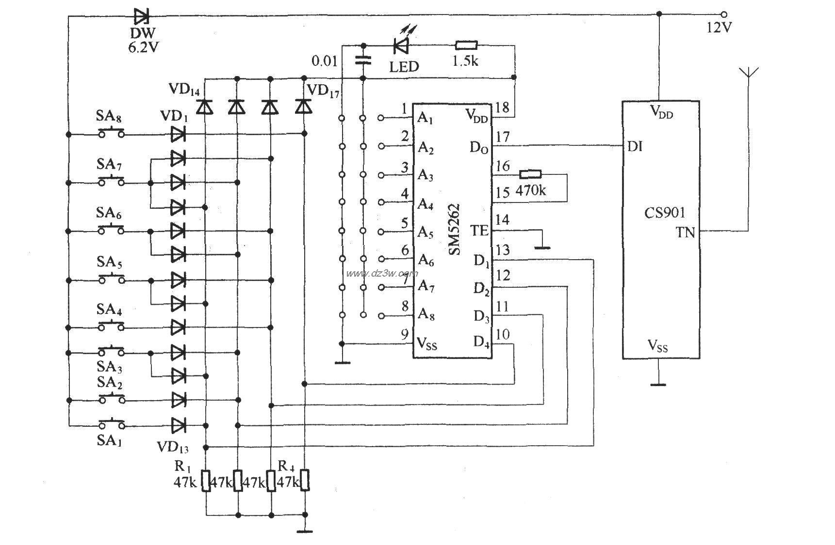 八路遥控发射器(CS901)电路图