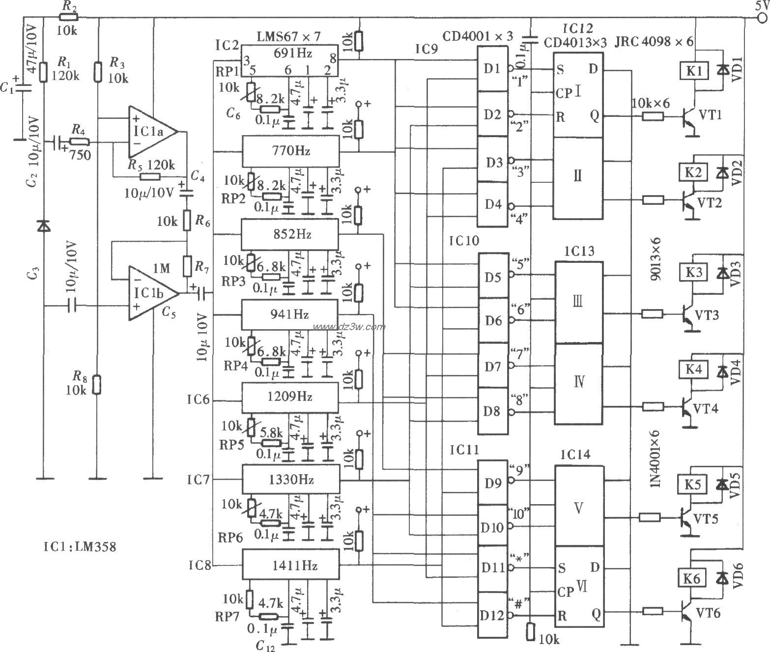 DTMF编译码六通道红外遥电路图