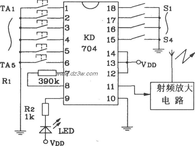 KD704构成的射频遥控发射电路图