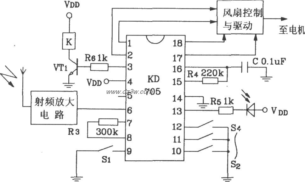 KD705构成的射频遥控接收电路图