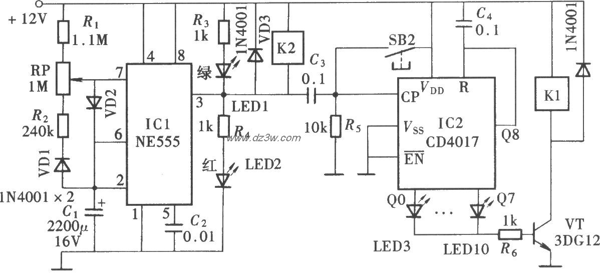 由NE555、CD4017构成的定电路图